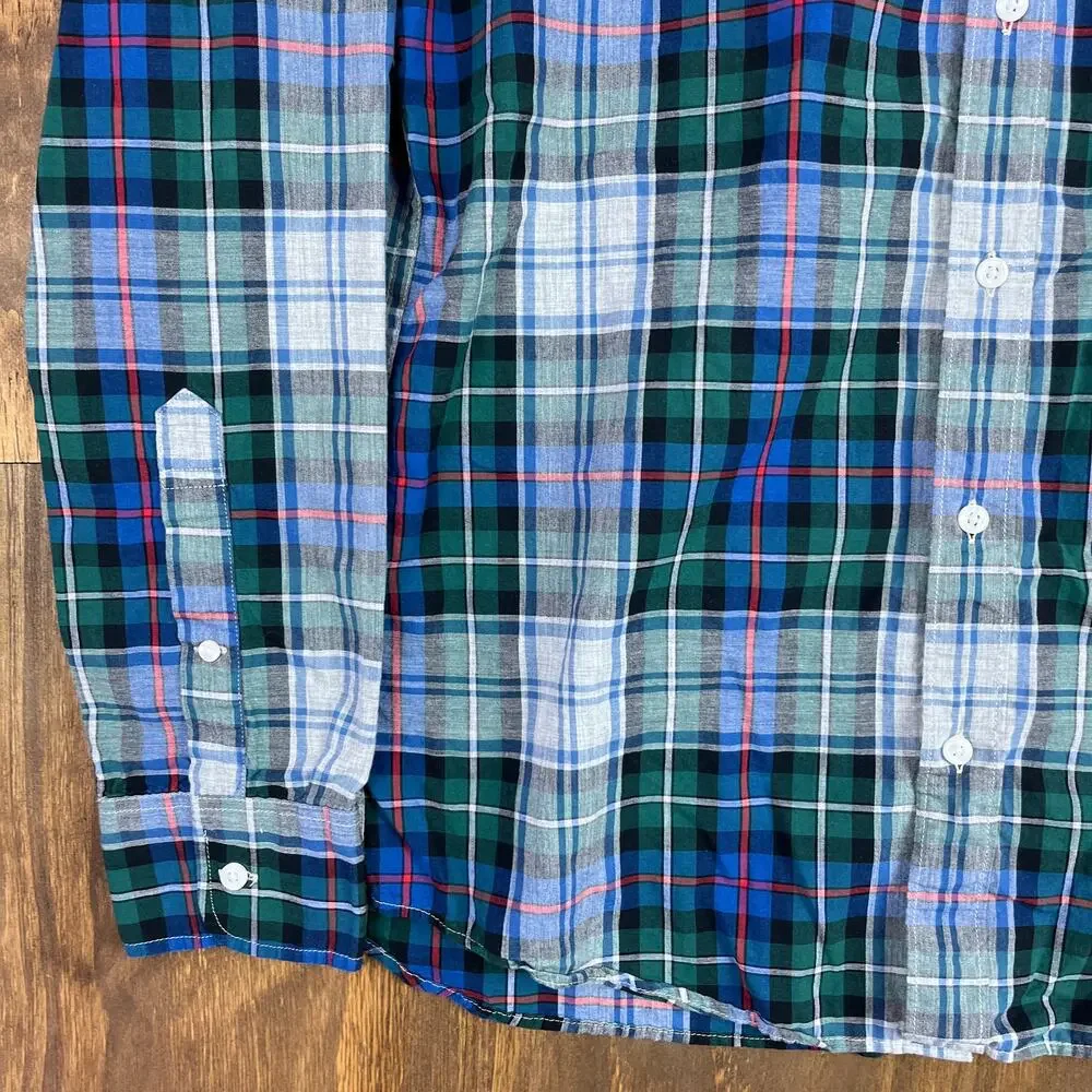 J Crew Mens Shirt Blue Green Gray Red Plaid Slim Fit Collared Button Down Medium